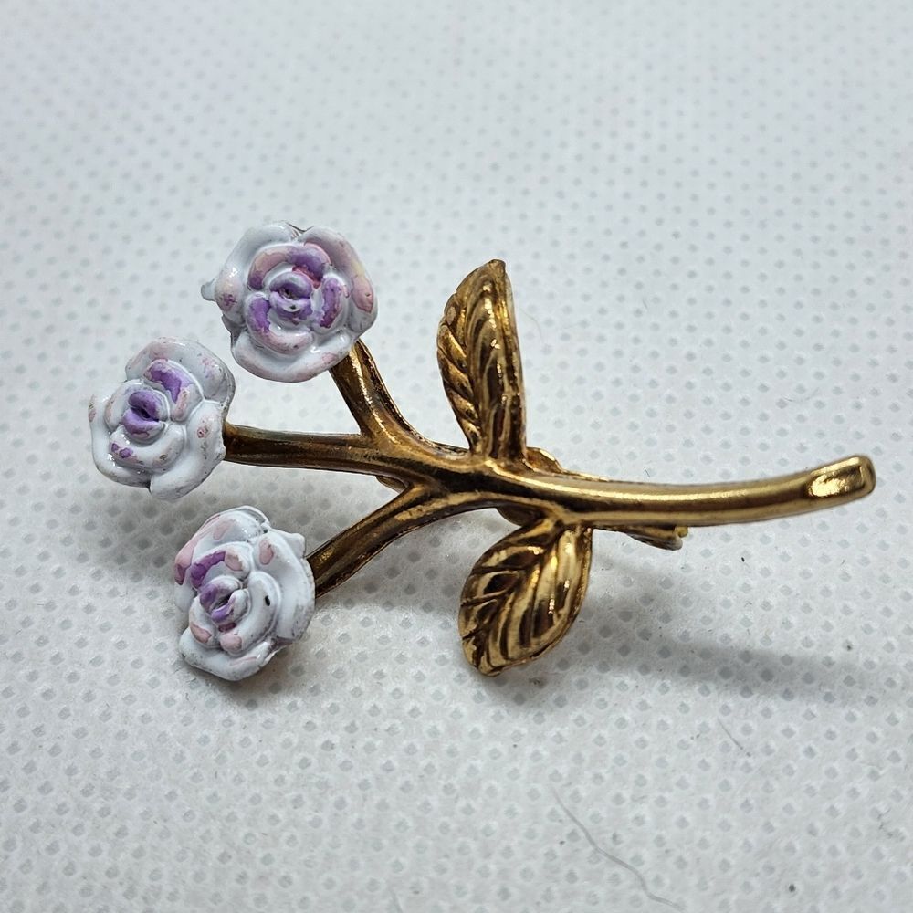 Vintage Gold & Purple 3 Stem Flower Brooch